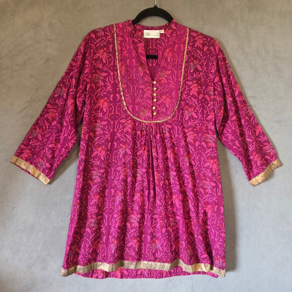Westside Peasant Floral Cotton Dress Women Size Large Boho Kurti Gold Hippie